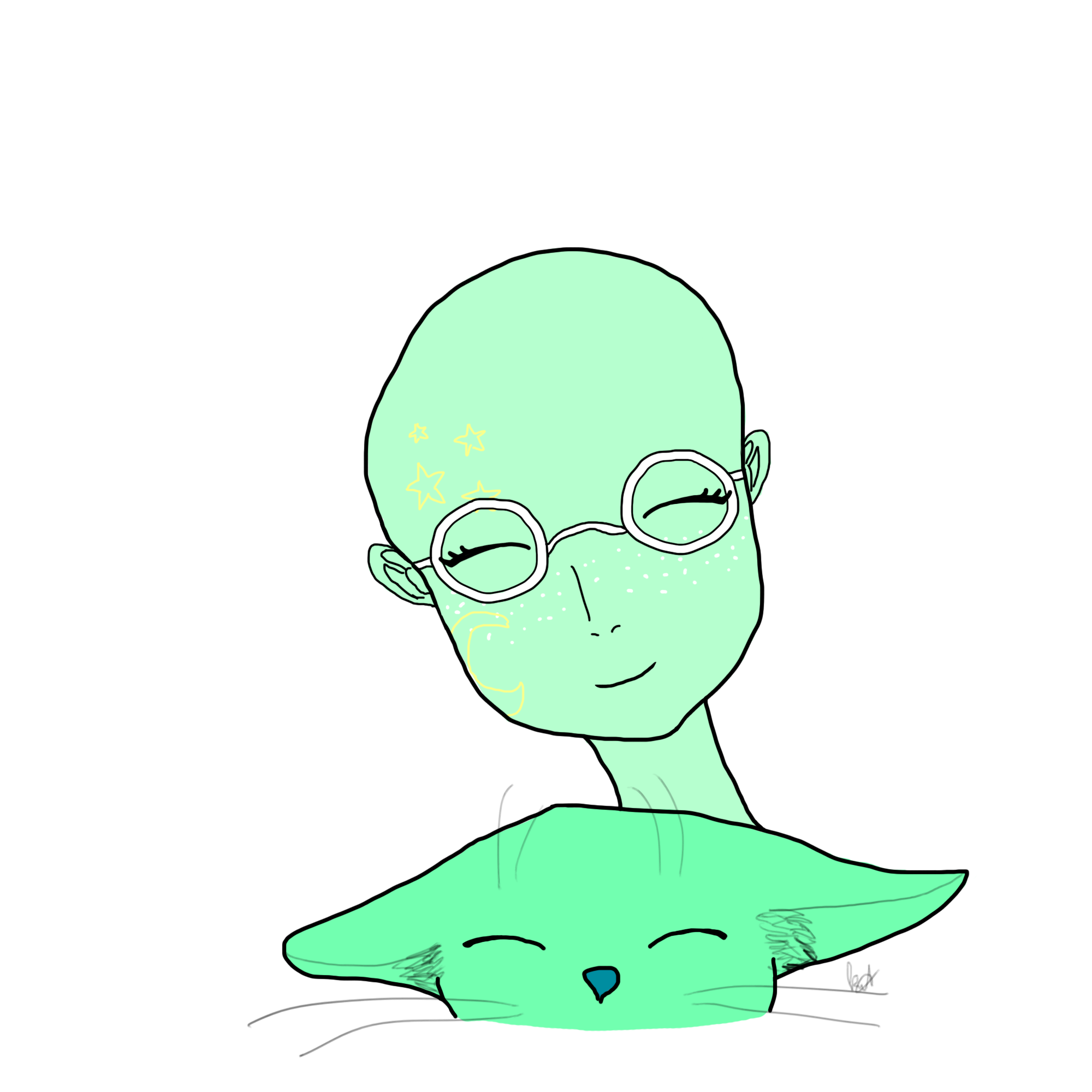 Пилотный стикер женского персонажа без волос и с зелёным оттенком кожи вместе с зелёным котом