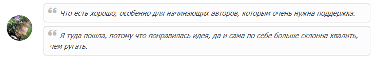 «Что есть хорошо, особенно для начинающих авторов, которым очень нужна поддержка. Я туда пошла, потому что понравилась идея, да и сама по себе больше склонна хвалить, чем ругать»